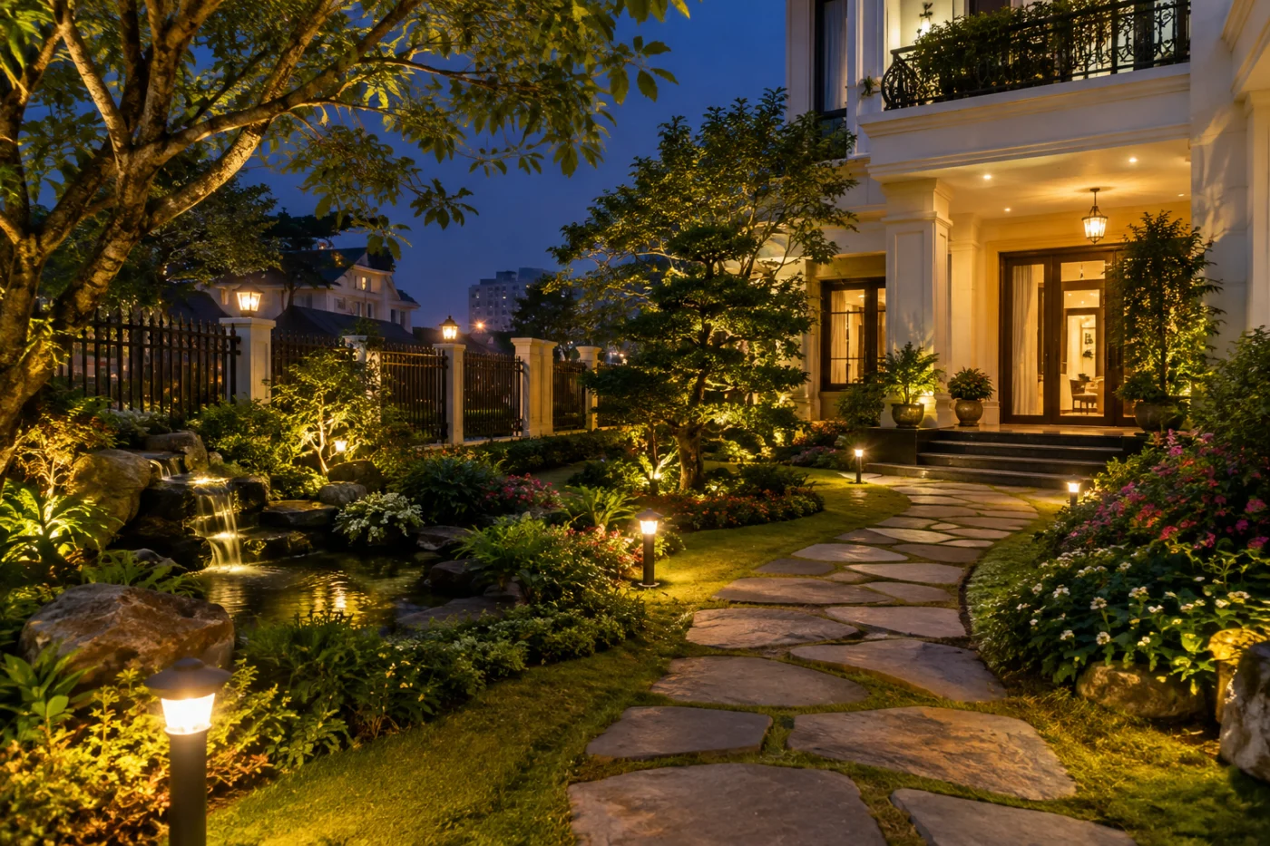 Lắp đèn trang trí sân vườn Hà Nội: Tư vấn phối sáng và thi công tận nơi