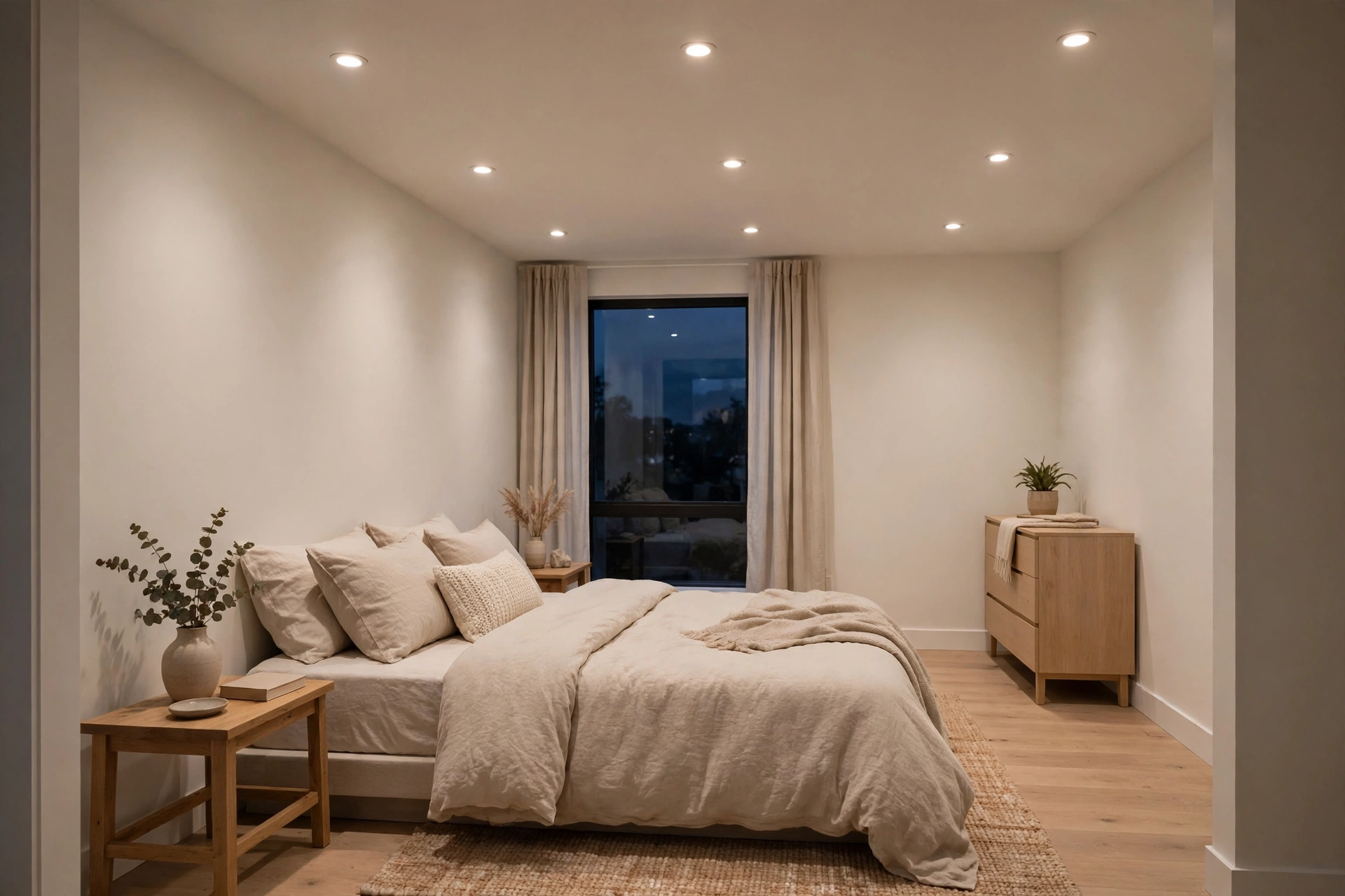 Hệ thống đèn LED âm trần phòng ngủ bố trí đều, không chói