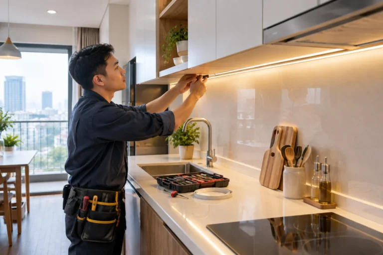 Thợ lắp đèn tủ bếp tại nhà Hà Nội – Đo đạc, đi dây và bàn giao tận nơi