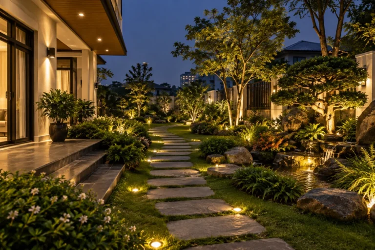 Trang trí đèn LED sân vườn Hà Nội: Phối sáng đẹp, thi công gọn
