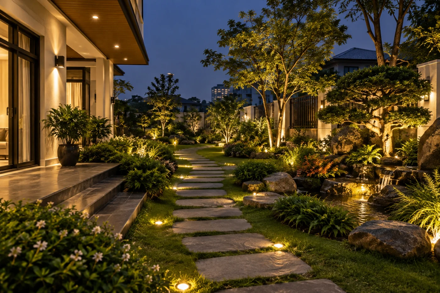 Trang trí đèn LED sân vườn Hà Nội: Phối sáng đẹp, thi công gọn